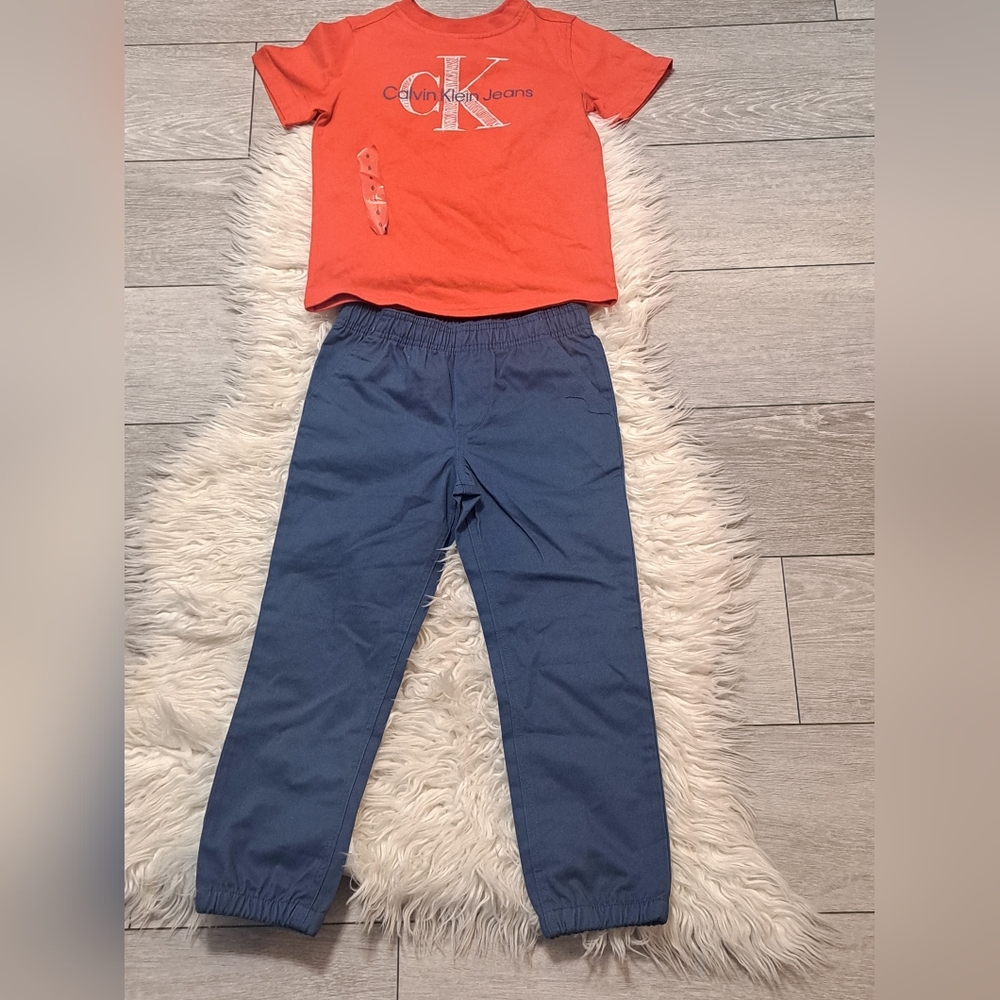Brand New Calvin Klein Boys 2 Piece Red Top and Blue Bottoms Outfit